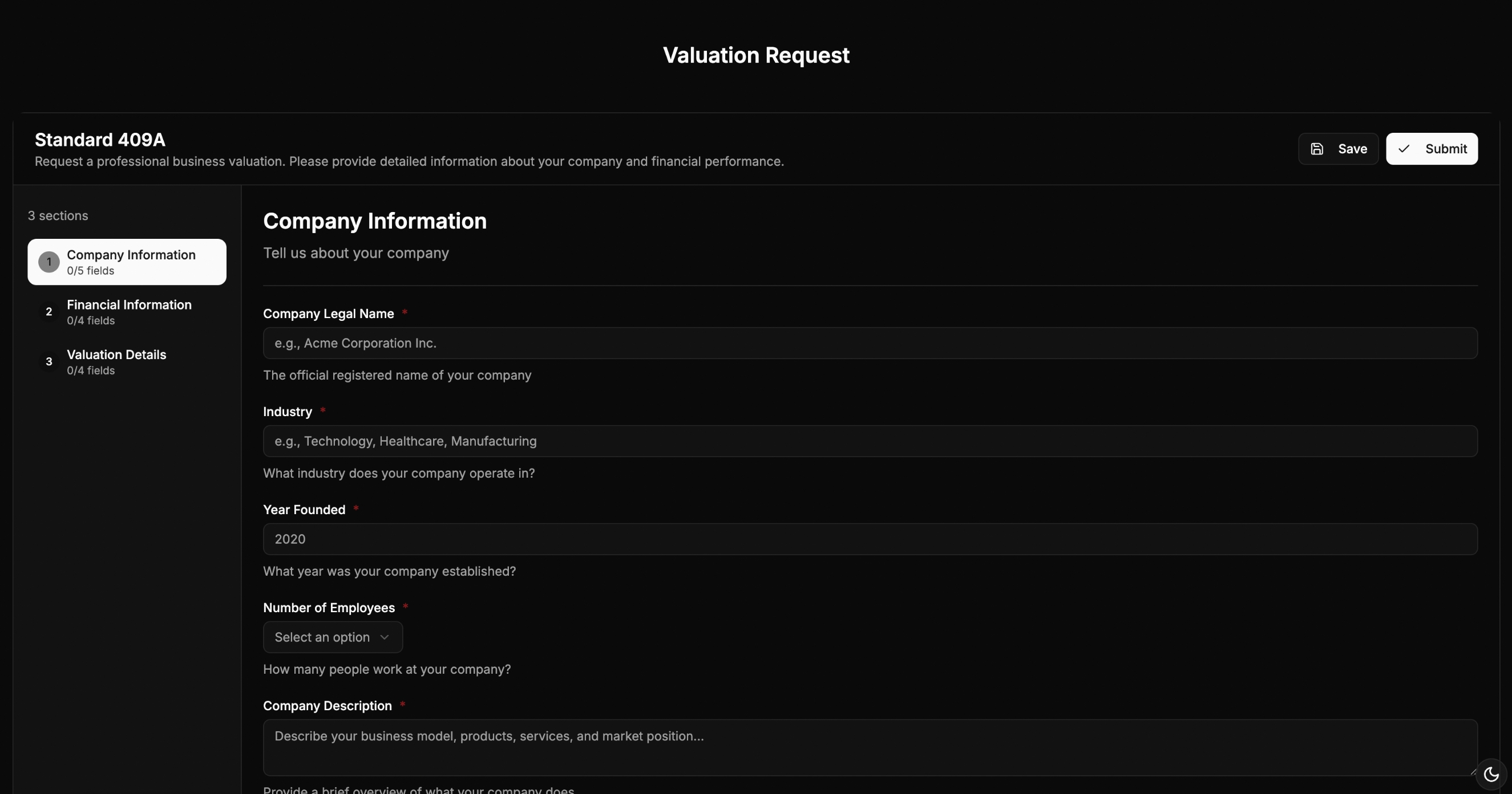 Custom valuation forms